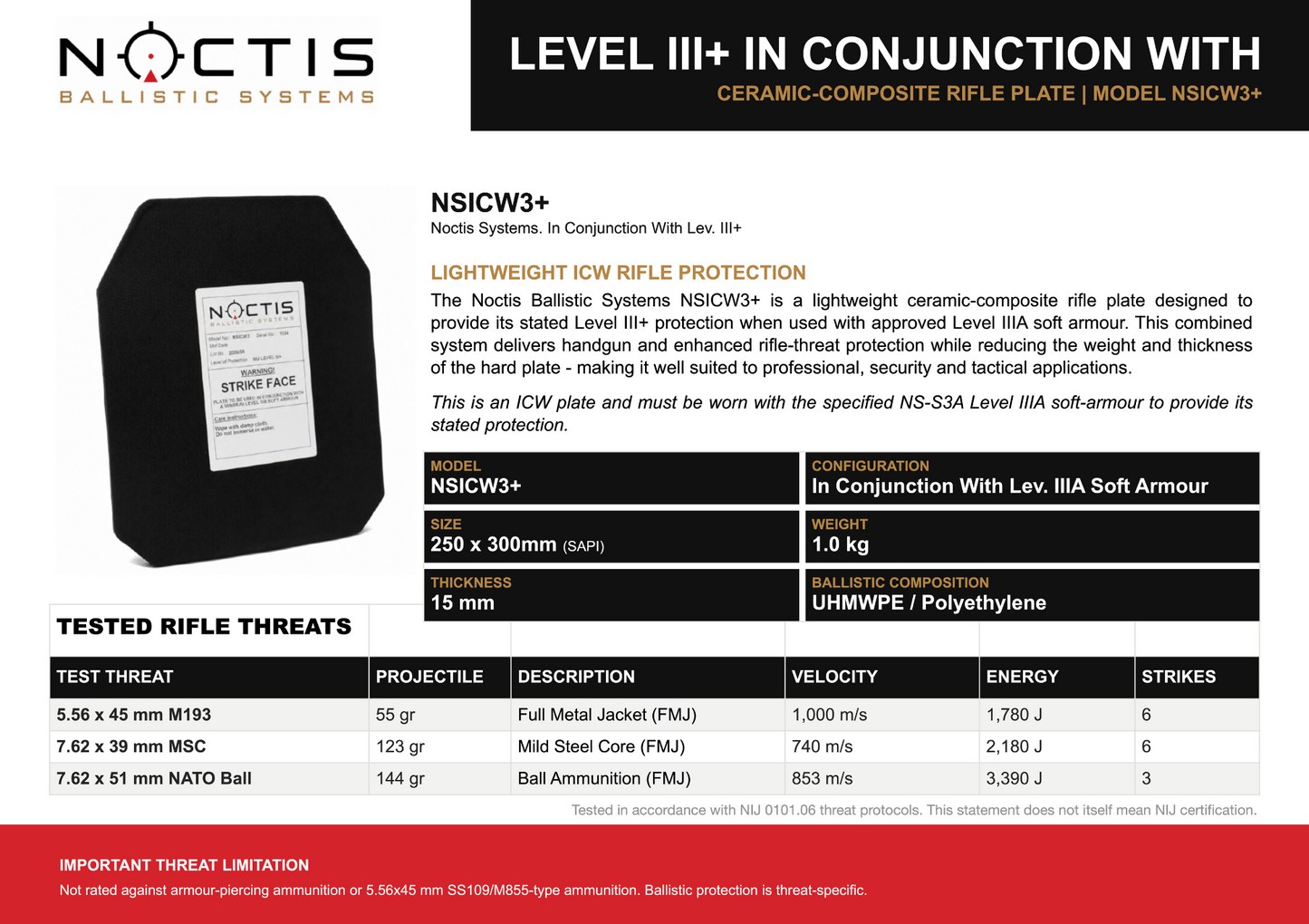 Noctis Ballistics ICW Lev. III Lightweight Plate - 1.0kg