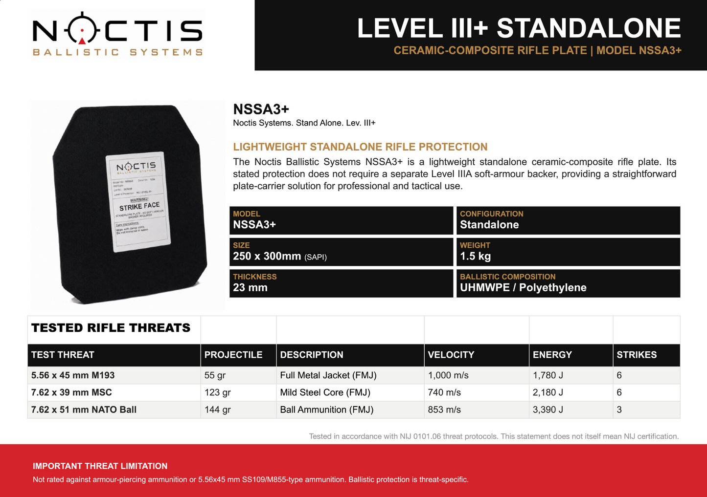 Noctis Ballistics Standalone Lev. III Lightweight Plate - 1.5kg
